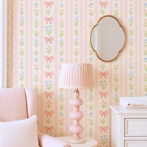 Pink Bow Baby Girl Nursery Wallpaper Whimsical Girl Room Wallpaper Removable Shabby Chic Nursery Decor French Country Nursery Wallpaper Cute
