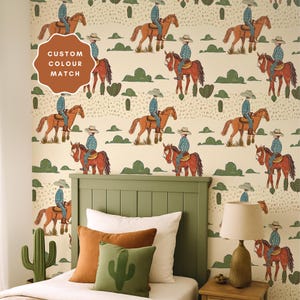 Vintage cowboy wallpaper western nursery decor rustic wall mural desert country wall covering boys playroom wallpaper wild west decor cactus