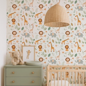 Nursery wallpaper boys bedroom wall paper safari animal wall decal peel and stick jungle mural neutral wallpaper kids room wall decor wild