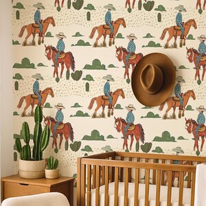 Retro cowboy nursery decor vintage horse wall mural rustic playroom wallpaper country colorful wall covering southwest desert wall decor kid