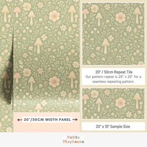 May include: A roll of wallpaper with a repeating pattern of mushrooms, flowers, and vines in shades of green and beige. The panel width is 20 inches. The pattern repeat is 20 inches by 20 inches. The sample size is 20 inches by 10 inches. The brand name is Petite Playhouse.
