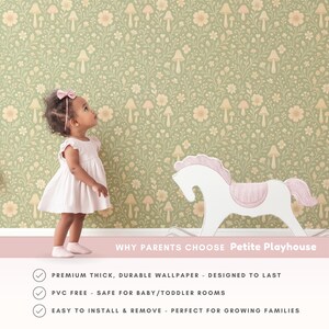 May include: A young child in a white dress and pink bow looks up at a floral wallpaper with mushroom and flower patterns. A white rocking horse with pink accents is in the foreground. The text reads "WHY PARENTS CHOOSE Petite Playhouse".