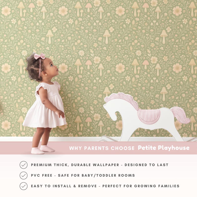 May include: A young child in a white dress and pink bow looks up at a floral wallpaper with mushroom and flower patterns. A white rocking horse with pink accents is in the foreground. The text reads "WHY PARENTS CHOOSE Petite Playhouse".