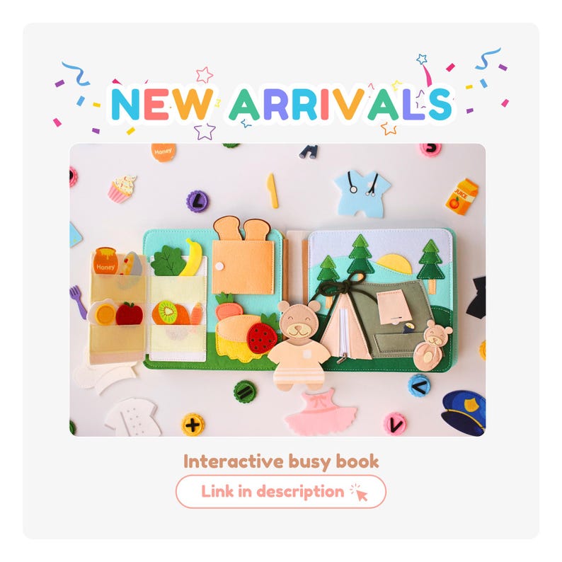 May include: A felt interactive busy book for children featuring a camping scene, a food scene, and a bear character. The book has various textures and colours.