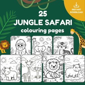 ジャングルの動物の塗り絵の本、印刷可能な塗り絵ページ、サファリをテーマにした塗り絵の電子書籍、ホームスクールの印刷可能な子供向け塗り絵アクティビティブック、幼稚園