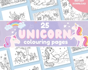 May include: A set of 25 printable unicorn coloring pages. The pages feature various illustrations of unicorns with rainbows, stars, and flowers.  The text "25 UNICORN colouring pages" is displayed on the cover.
