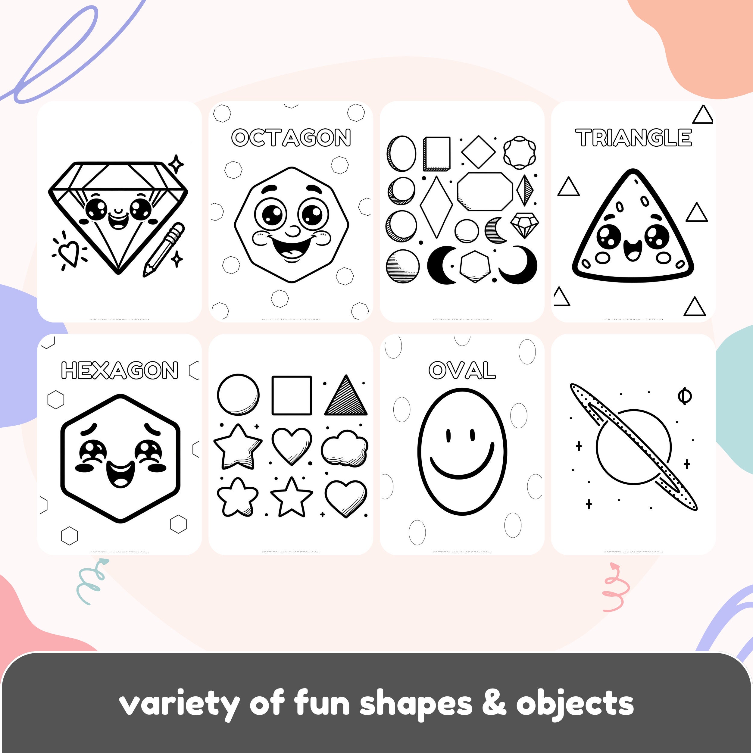 Shape learning coloring book kids printable activity page toddler