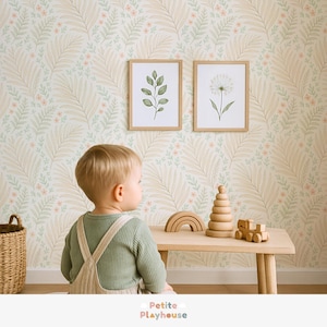 Montessori playroom wallpaper nature leaf wall mural calming greenery peel and stick wallpaper minimalist forest toddler room decor neutral