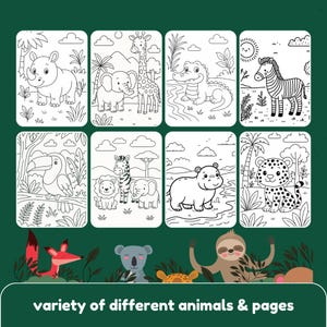 May include: Eight black and white animal coloring pages, including a rhino, elephant, giraffe, crocodile, zebra, toucan, lion, hippo, and leopard. The phrase "variety of different animals & pages" is at the bottom of the image.