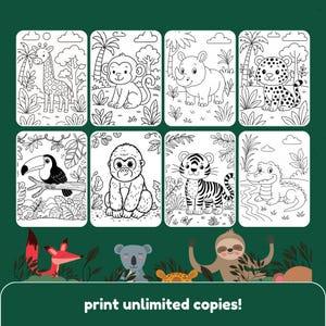 May include: A set of eight black and white animal coloring pages featuring a giraffe, monkey, rhino, leopard, toucan, gorilla, tiger, and alligator. The bottom of the image has the text "print unlimited copies!"