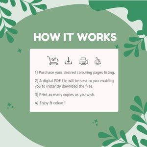 May include: How it works: A green and white graphic with icons for shopping cart, download, printer, and paintbrush. The text explains how to purchase, download, print, and colour digital colouring pages.