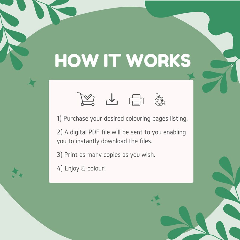 May include: How it works: A green and white graphic with icons for shopping cart, download, printer, and paintbrush. The text explains how to purchase, download, print, and colour digital colouring pages.
