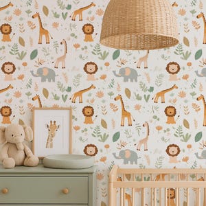 Jungle nursery wallpaper safari kid bedroom wall decal giraffe peel and stick wallpaper jungle animal wall decor playroom wallpaper elephant