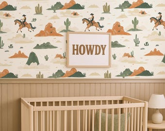 Cowboy Nursery Wallpaper: Retro Desert Mural, Wild West Boys Room Decor