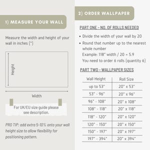 May include: A guide for measuring and ordering wallpaper. The guide includes instructions on measuring wall width and height in inches, and calculating the number of wallpaper rolls needed. It also provides a table of wallpaper sizes.