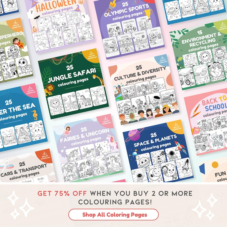 May include: A collection of coloring pages with various themes, including Halloween, Olympic sports, jungle safari, and space. Each page set is labeled with the number of pages and a title. The image also includes a promotional offer for a discount on multiple purchases.