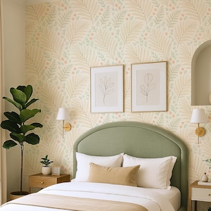 Botanical Leaf Wallpaper Mural: Sage Green Fern, Earthy Bedroom Decor
