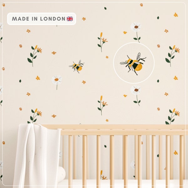 Peel and stick wallpaper yellow bumble bee nursery wallpaper daisy wall decal baby girl nursery wall decor whimsical wallpaper girls bedroom