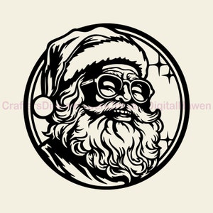 Könnte beinhalten: Schwarz-weiß-Illustration von Weihnachtsmann mit Sonnenbrille und Weihnachtsmütze. Er hat einen Bart und einen Schnurrbart. Das Bild ist in einem Kreis mit einem Sternburst-Design.