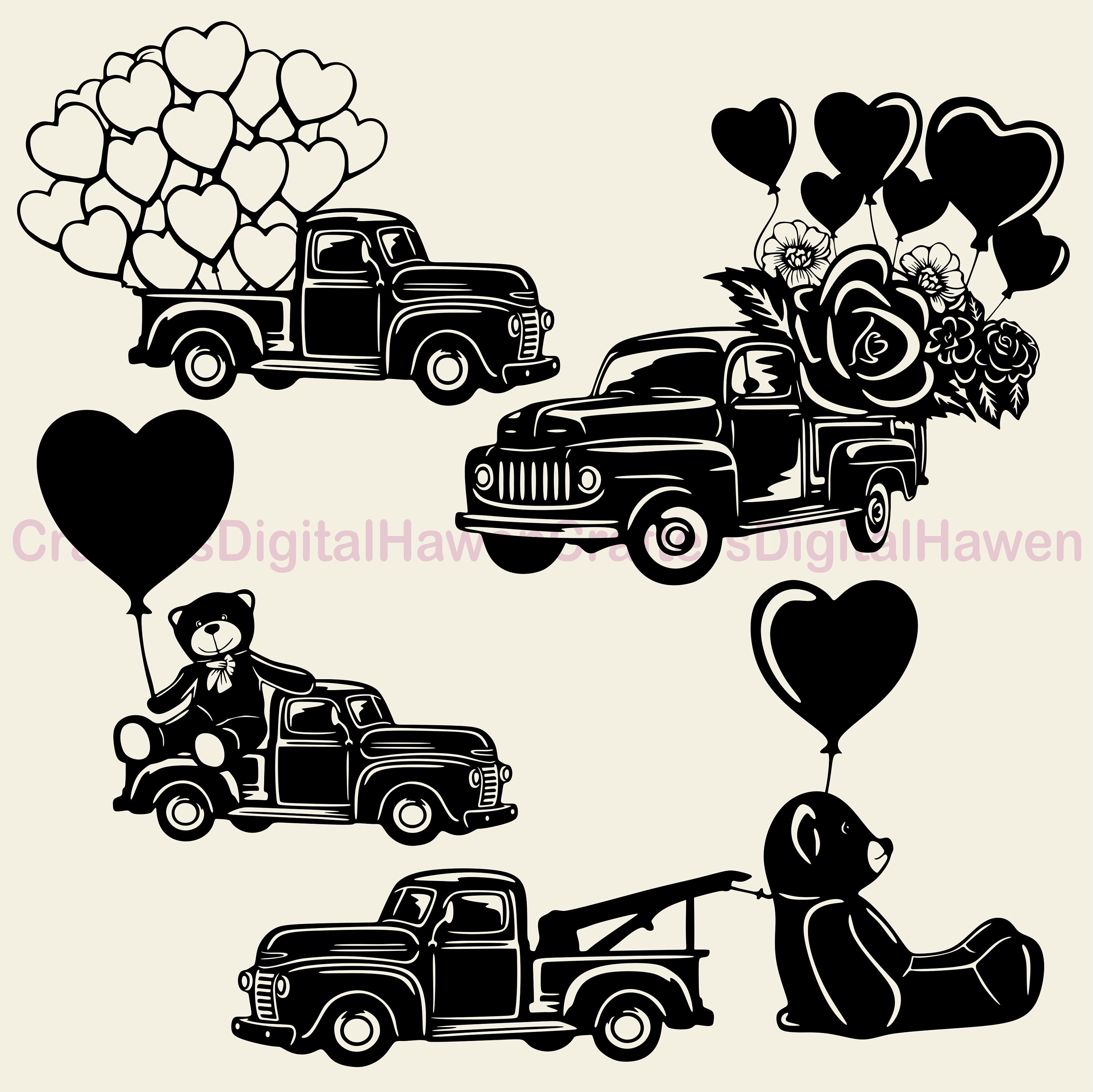 Trucks for Valentines Day Svg, Truck and Hearts Vector, Love Truck Png ...