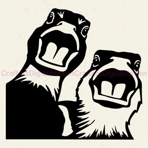 May include: Black and white illustration of two geese with their mouths open, showing their teeth. The geese are looking directly at the viewer.