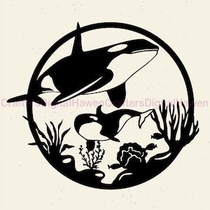 Schwertwal svg, Schwertwal Ozean Szene Vektor, Orca geschnitten Datei für Laser, dxf für Plasma, Orca Clipart, svg für Cricut, Meerestiere svg