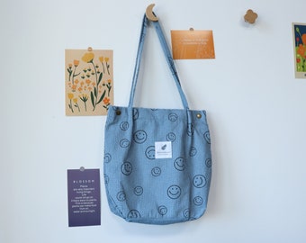 Vintage Corduroy Smiley Shoulder Tote Bag, Simple Tote Bag,Cute Bag,Shopping Handbag,Shoulder Bag,Eco Bag,Daily Bag,Work Bag