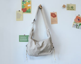 Sac en toile délavée, Sac à bandoulière effet vieilli à bord brut, Sac à dos pour étudiant, Sac à bandoulière en tissu simple, Sac en toile grande capacité avec cordon de serrage