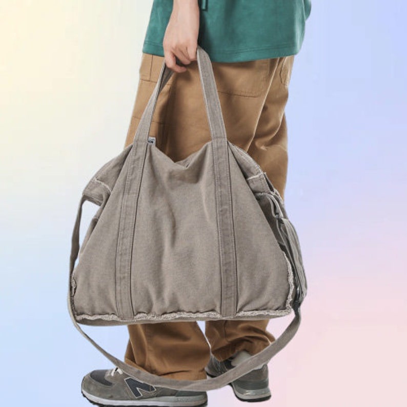 Tote Handbag, Large Capacity Tooling Canvas Bag, Canvas Bag With Raw Edge,Canvas Bag for Women And Men,Messenger Bag, Casual Tote Bag Grey