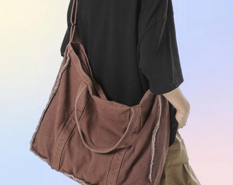 Tragetasche, Canvas-Tasche mit großem Fassungsvermögen, Canvas-Tasche mit rohem Rand, Canvas-Tasche für Damen und Herren, Messenger-Tasche, lässige Tragetasche