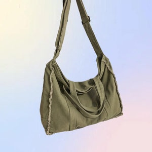 Tote Handbag, Large Capacity Tooling Canvas Bag, Canvas Bag With Raw Edge,Canvas Bag for Women And Men,Messenger Bag, Casual Tote Bag Green