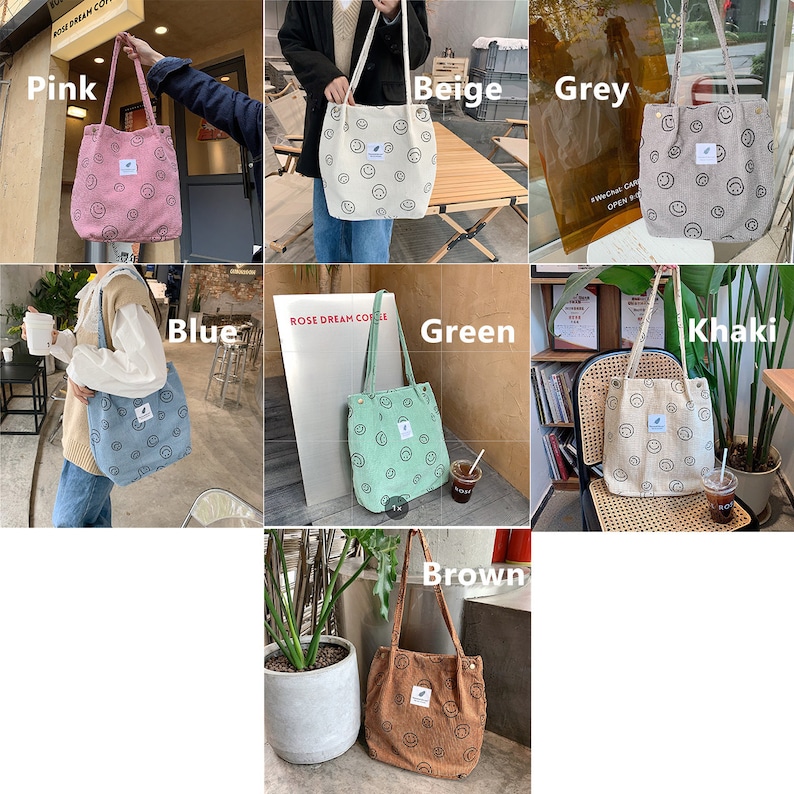 Vintage Corduroy Smiley Shoulder Tote Bag, Simple Tote Bag,Cute Bag,Shopping Handbag,Shoulder Bag,Eco Bag,Daily Bag,Work Bag zdjęcie 5