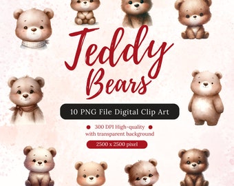 10 Teddy Bears Watercolor Clipart PNG Digital Download | Teddy Bear Baby Shower Birthday Nursery Transparent Background PNG Clipart