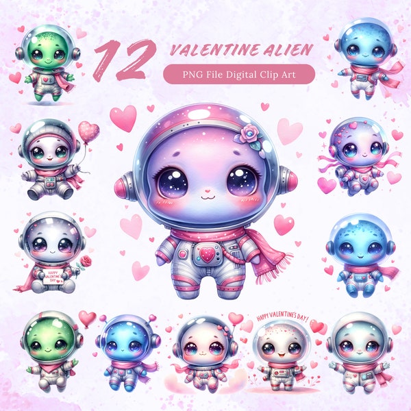 Watercolor Cute Valentines Aliens Clipart, 12 PNG Valentines Day Clipart, Cute Alien Clipart, Valentine Clipart, Commercial Use