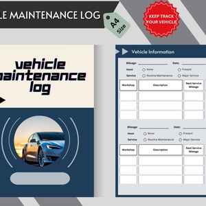 Puede incluir: Una plantilla de registro de mantenimiento de vehículos imprimible azul y blanca con el texto "vehicle maintenance log" en un cuadro blanco. La plantilla incluye secciones para el kilometraje, la fecha, el problema, el servicio, el taller, la descripción, el próximo kilometraje de servicio y el costo.