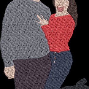 May include: A couple is standing close together, smiling. The man is wearing a gray sweater and the woman is wearing a red sweater and blue jeans. A red heart is floating above their heads.