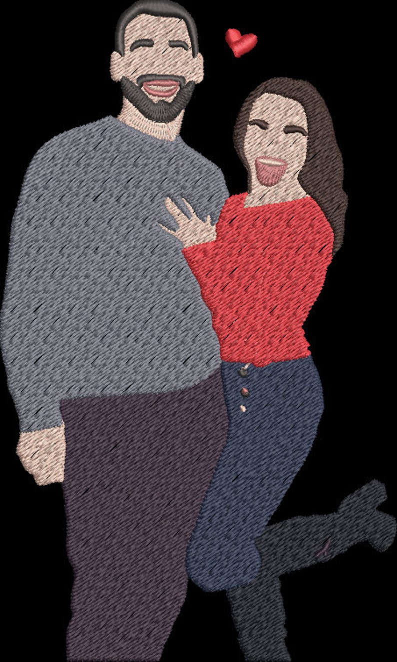 May include: A couple is standing close together, smiling. The man is wearing a gray sweater and the woman is wearing a red sweater and blue jeans. A red heart is floating above their heads.