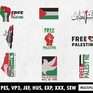 Free Palästina Flagge und Karte Stickdatei PES, benutzerdefinierte Stickerei Digitalisierung Service, Stop War DST JEF Dateien für Hoodies, Hemden und Mützen
