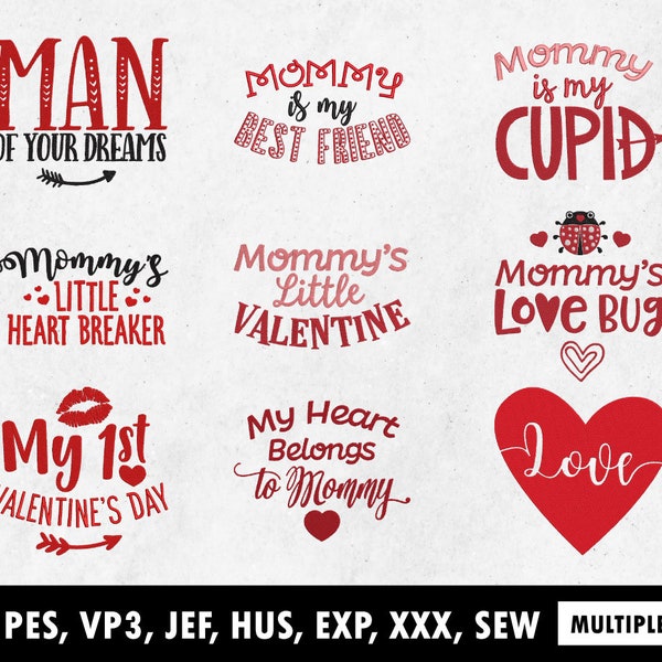 Happy Valentine's day Embroidery Files  pes dst digital machine files, Custom Embroidery Digitizing, Mommy is cupid, Love Heart quotes