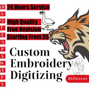 Może przedstawiać: Grafika w kolorze czerwonym i czarnym z tekstem "Custom Embroidery Digitizing" i listą formatów plików. Grafika zawiera również kreskówkową gęś w okularach przeciwsłonecznych i ryczącego tygrysa.