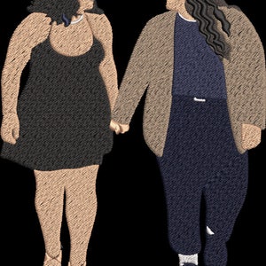 May include: A couple walking hand-in-hand. The woman is wearing a black dress and sunglasses. The man is wearing a brown jacket, blue jeans, and glasses.