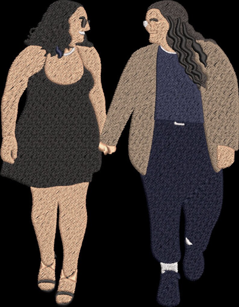 May include: A couple walking hand-in-hand. The woman is wearing a black dress and sunglasses. The man is wearing a brown jacket, blue jeans, and glasses.