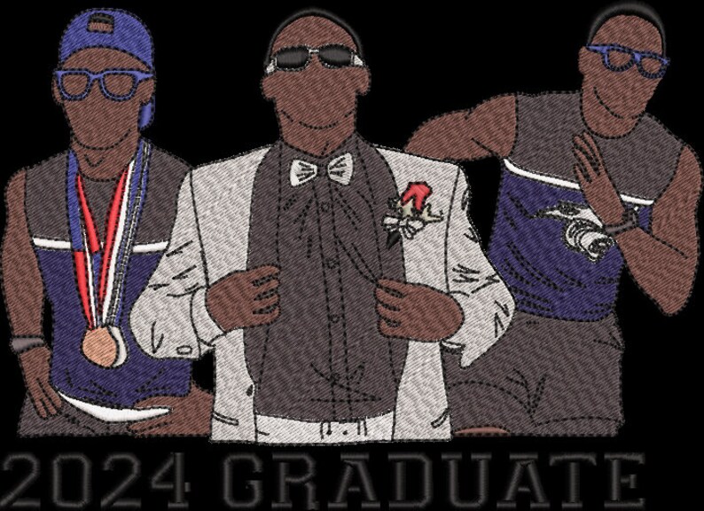 May include: Three men in different outfits stand together. The man in the middle is wearing a white tuxedo jacket with a black bow tie and a red flower on his lapel. The man on the left is wearing a blue tank top with medals around his neck. The man on the right is wearing a blue sleeveless shirt with a white stripe. The text "2024 GRADUATE" is at the bottom of the image.