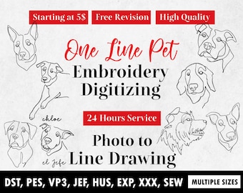 Personalised one line Pet Embroidery digitizing service, Line Art Illustration Custom Gifts For Dog Lovers, DIGITAL Pet Sketch From Photo