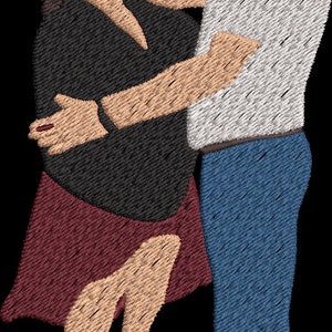 May include: A couple is dancing together. The woman is wearing a black dress with a burgundy skirt and brown sandals. The man is wearing a white shirt, blue jeans, and a white cap.