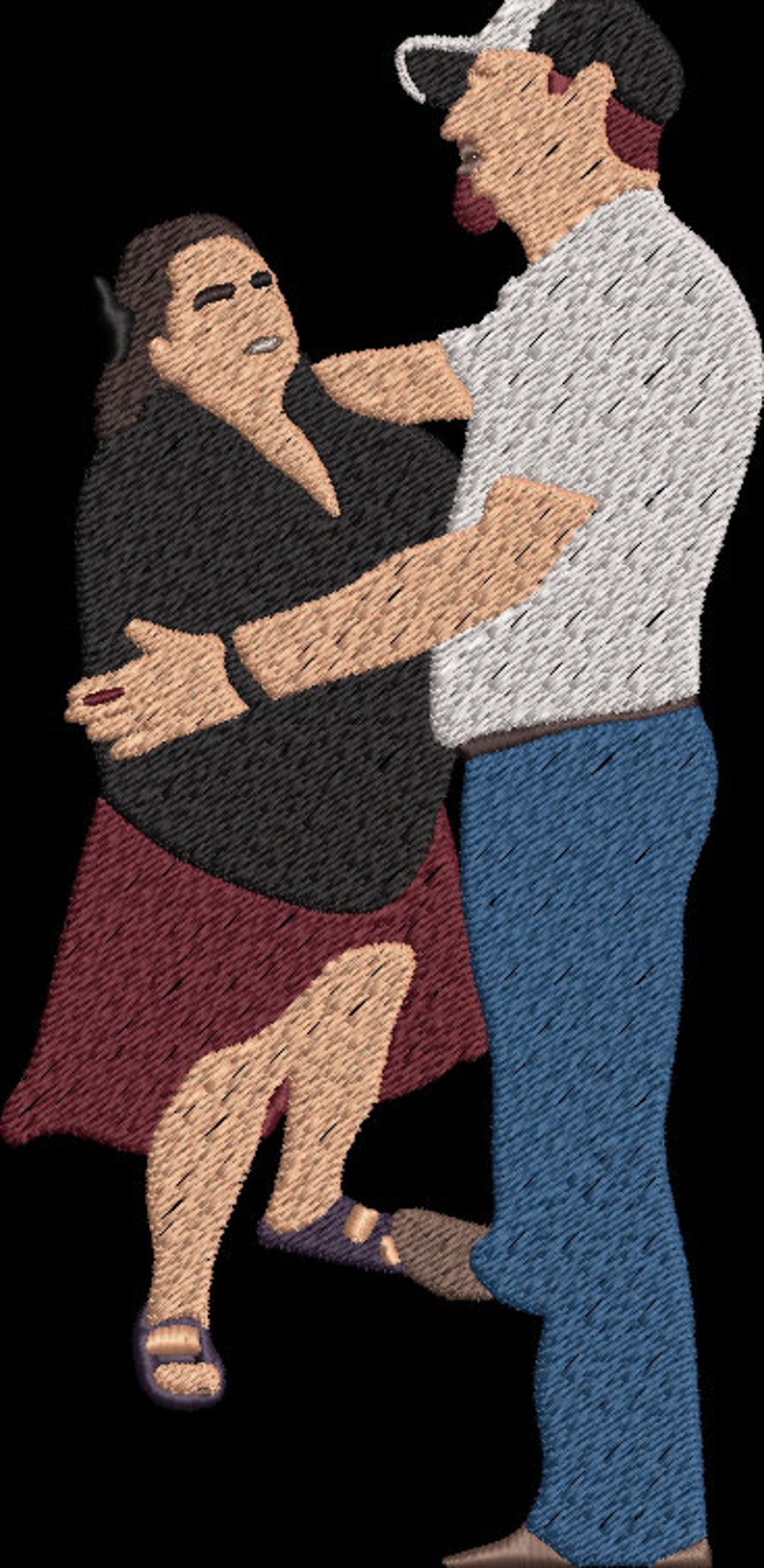 May include: A couple is dancing together. The woman is wearing a black dress with a burgundy skirt and brown sandals. The man is wearing a white shirt, blue jeans, and a white cap.