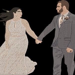 May include: A couple in wedding attire, the woman in a white dress and the man in a gray suit, holding hands and walking towards the camera.