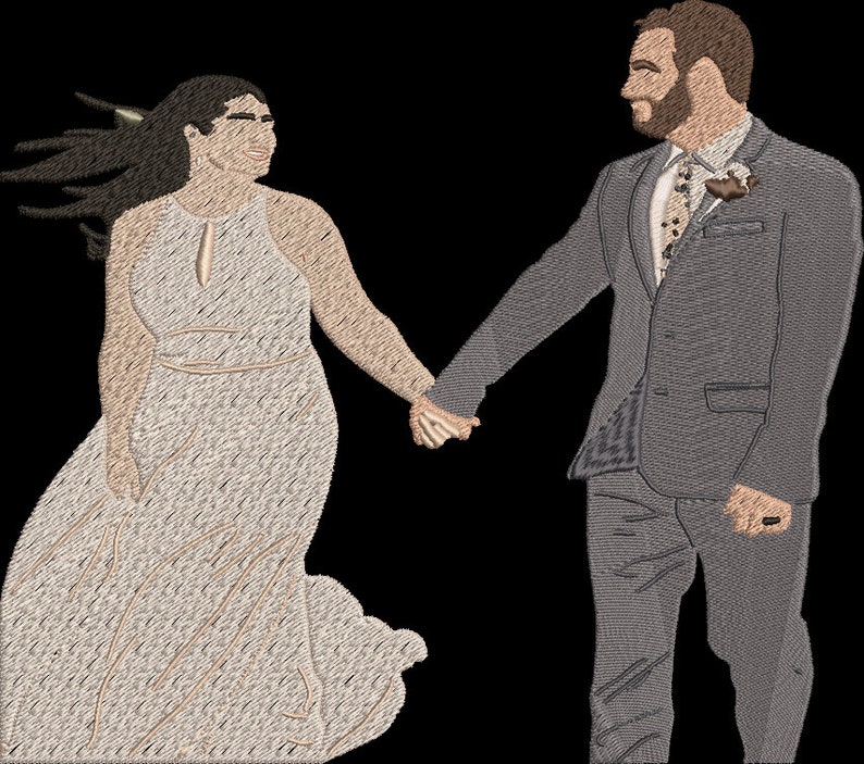 May include: A couple in wedding attire, the woman in a white dress and the man in a gray suit, holding hands and walking towards the camera.