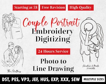 Custom Line drawing from photo, custom embroidery digitizing, Couple portrait PES, Digital Download, family outline drawing DST