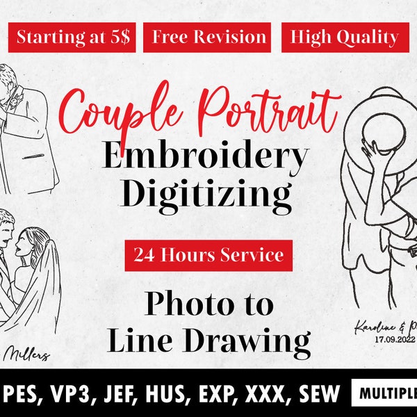 Custom Line drawing from photo, custom embroidery digitizing, Couple portrait PES, Digital Download, family outline drawing DST